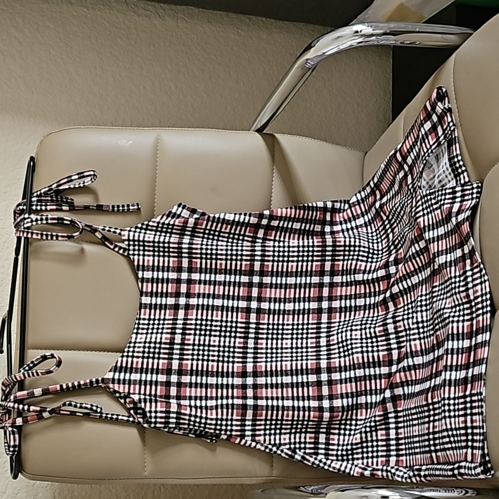 Plaid Printed Split Hem Knotted Shoulder Overall Dress